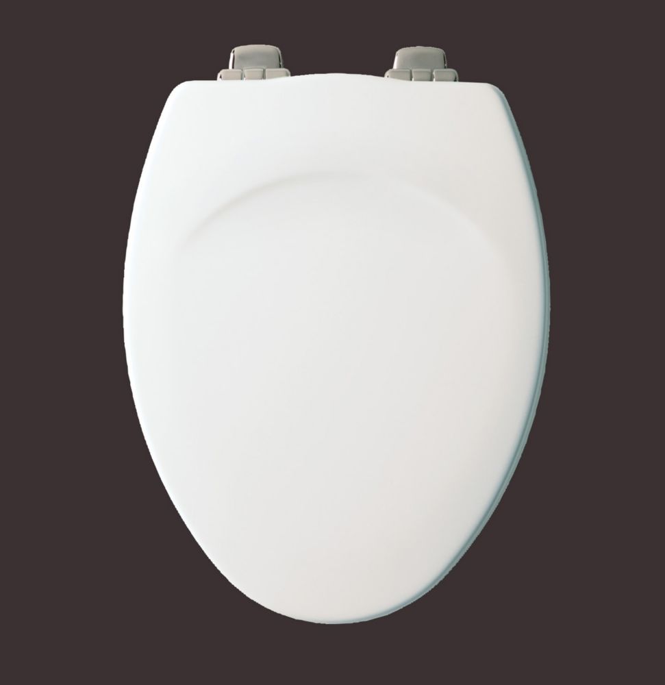 Bemis Elongated Wood Toilet Seat with Chrome Hinge in White The Home