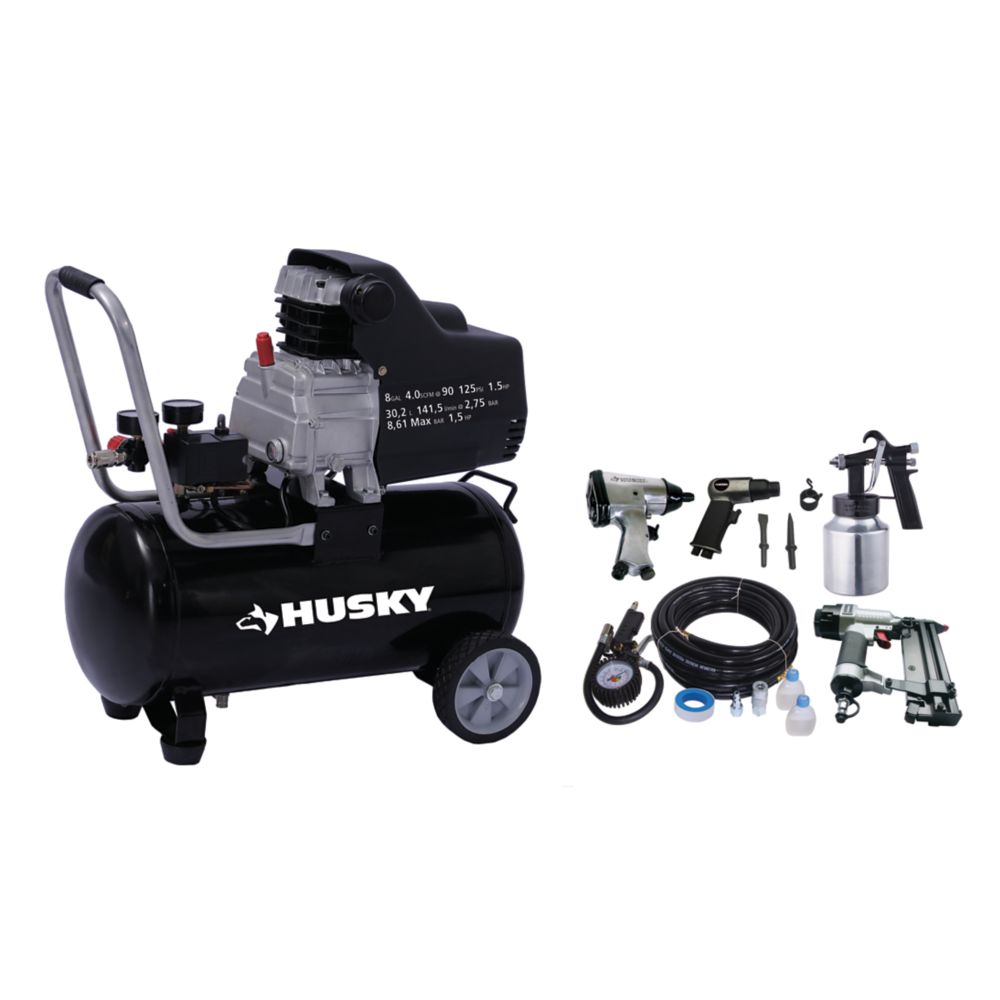 HUSKY 8 Gallon Portable Oil Lubricated Air Compressor with Air Tool Kit