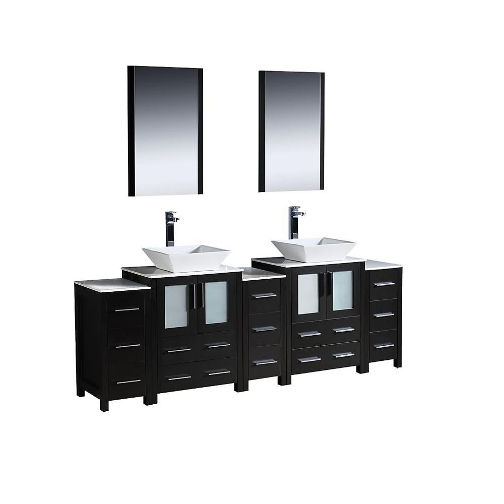 Fresca Torino 84 Inch W 13 Drawer 4 Door Vanity In Black With Fresca Torino 84 Inch W 13 Drawer 4 Door Vanity In Black With Ceramic Top White Double Basins