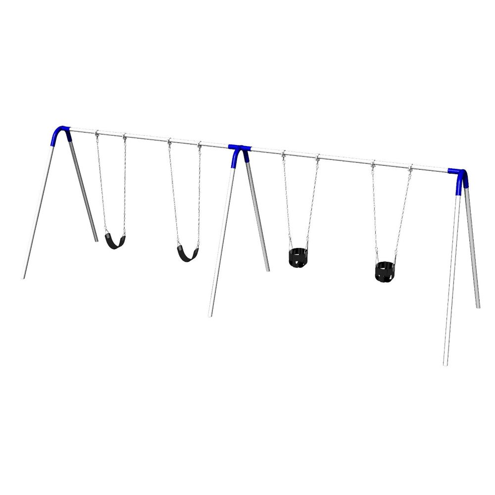 Double Bay Commercial Grade Bipod Swing Set With 2 Tot Seats 2 Strap Seats And Blue Yokes