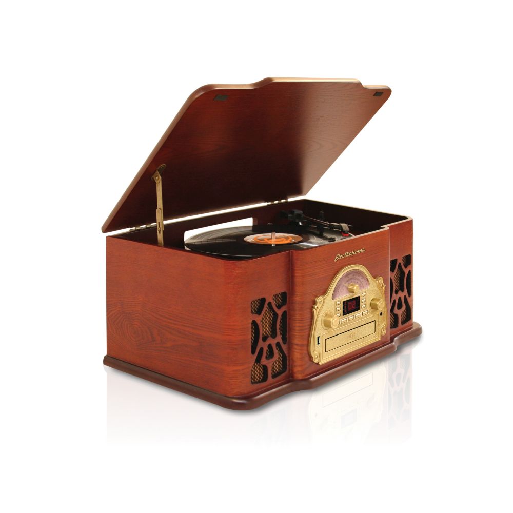 Retro Turntable Real Wood Stereo System with Record Player, USB Recording, CD & AM/FM