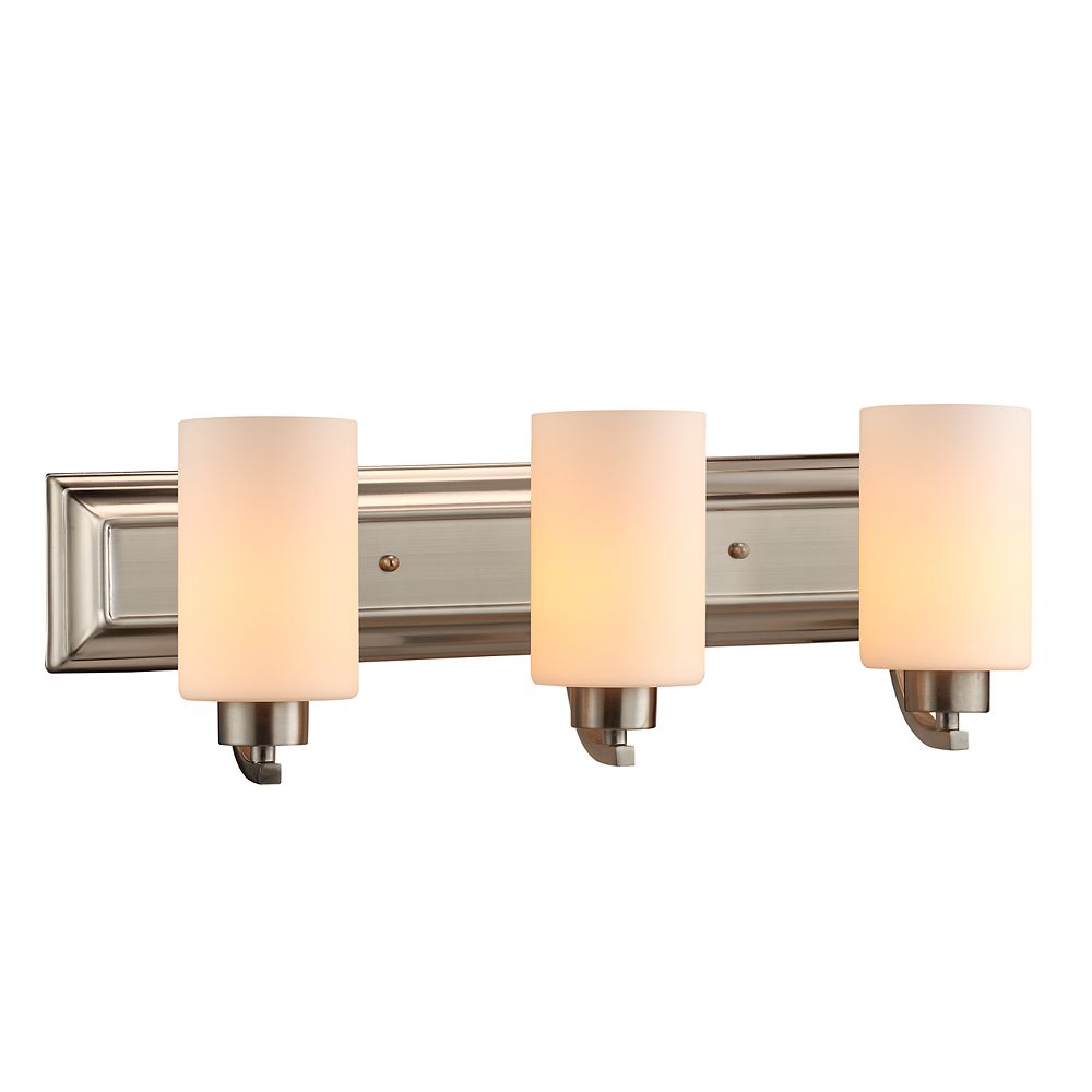 Commercial Electric 3 Light Brushed Nickel Vanity Light With Matte White Glass Shades The Home Depot Canada