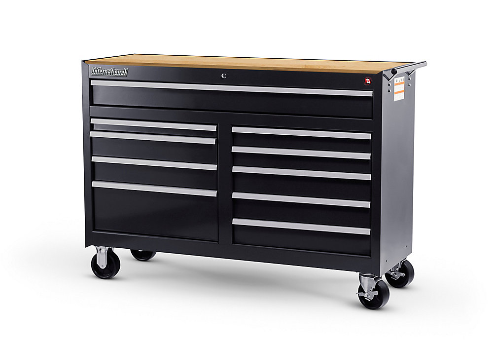 54-inch 10-drawer roller cabinet tool chest in black with hardwood worktop