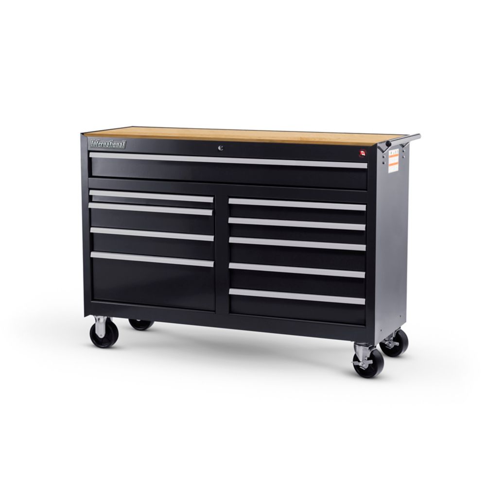 54-inch 10-drawer roller cabinet tool chest in black with hardwood worktop