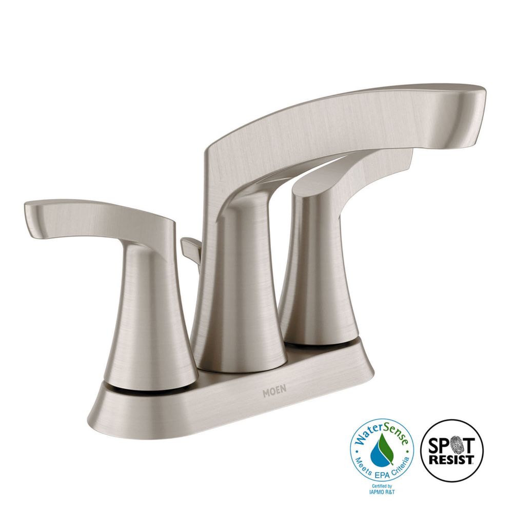 Moen Robinet de salle de bains centré Danika, bec en col de cygne, 2 poig. à levier, 4 po, nickel brossé Moen Robinet de salle de bains centré Danika, bec en col de cygne, 2 poig. à levier, 4 po, nickel brossé