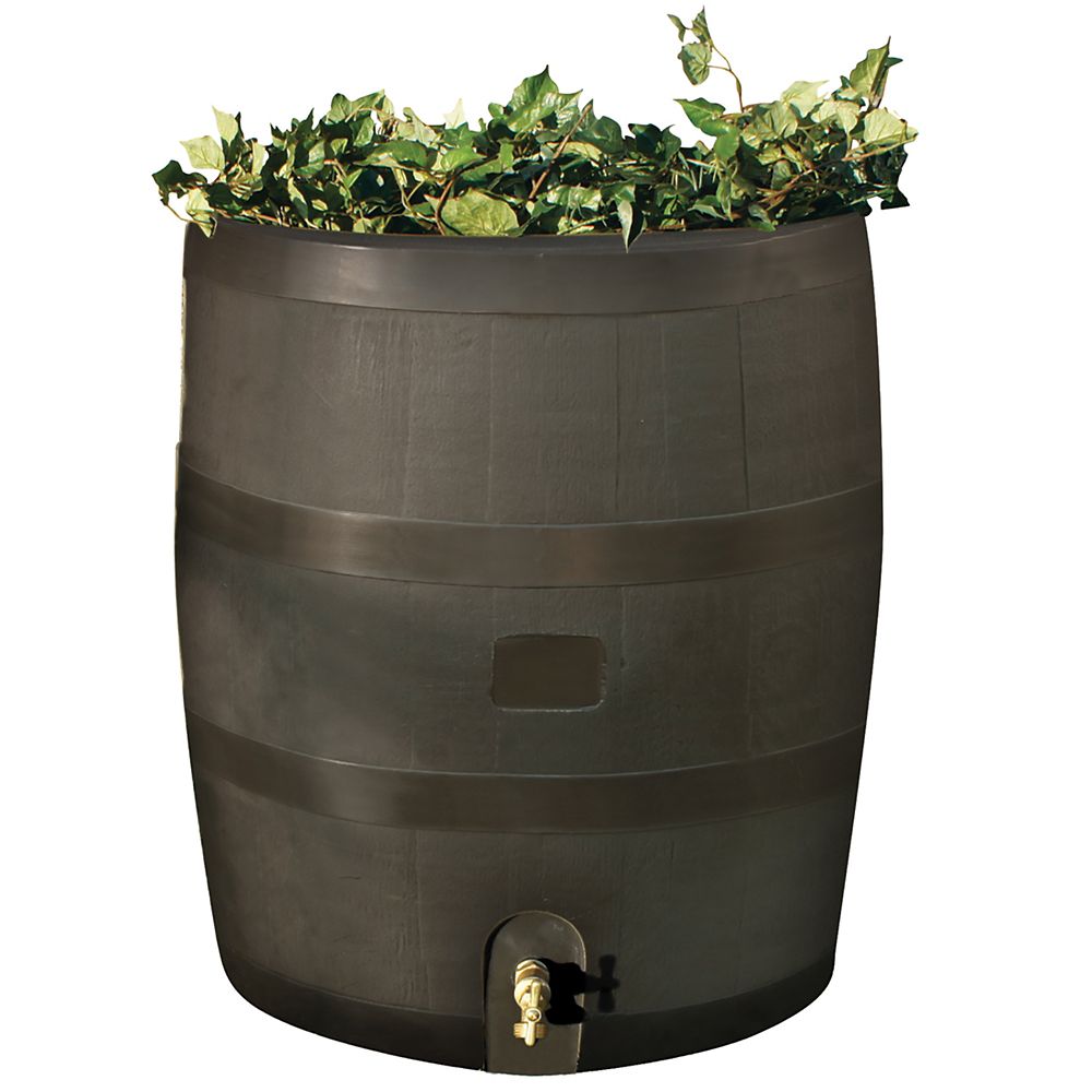 RTS Home Accents Rain Barrel Round with Planter Brown | The Home Depot