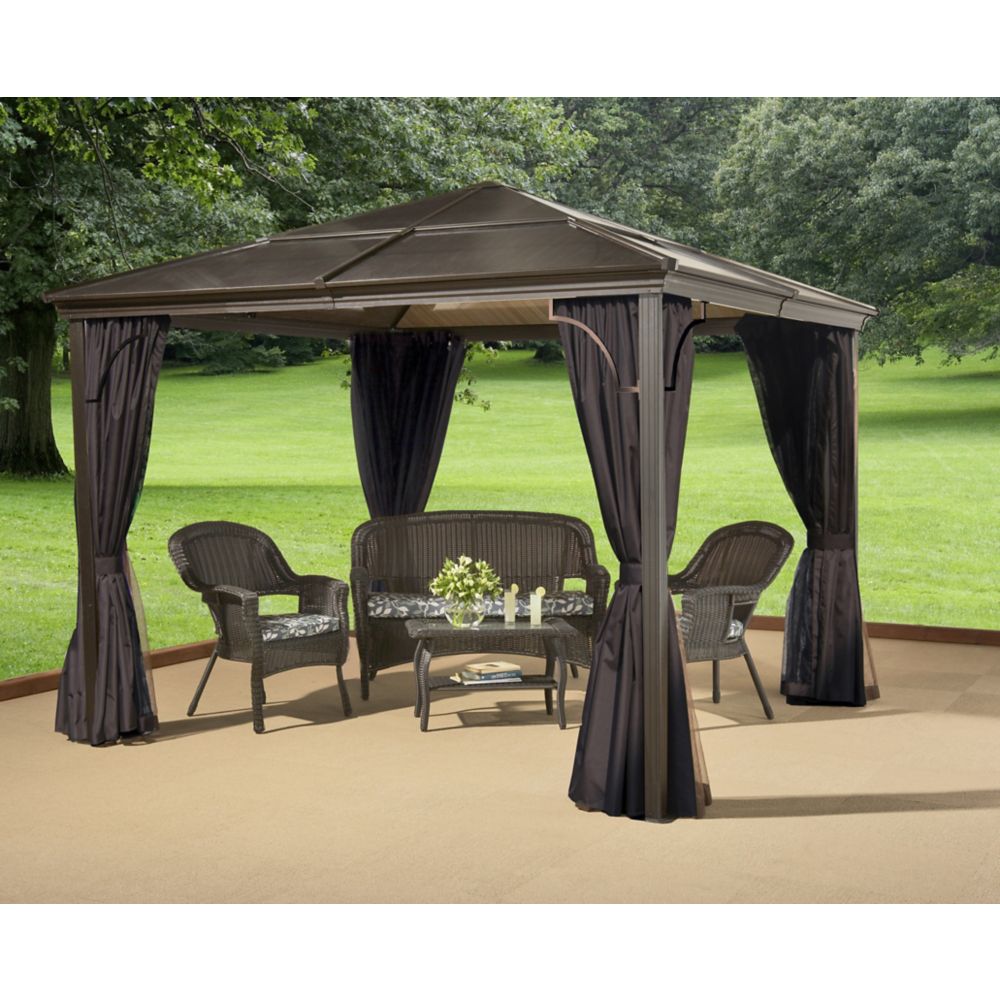 Sojag SUMATRA 53 abri soleil toit rigide 10'x14' acier alu moustiquaire et rideaux avec