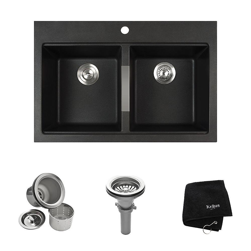 Dual Mount Granite 33 Inch 2 Hole 50 50 Double Bowl Kitchen Sink In Granite