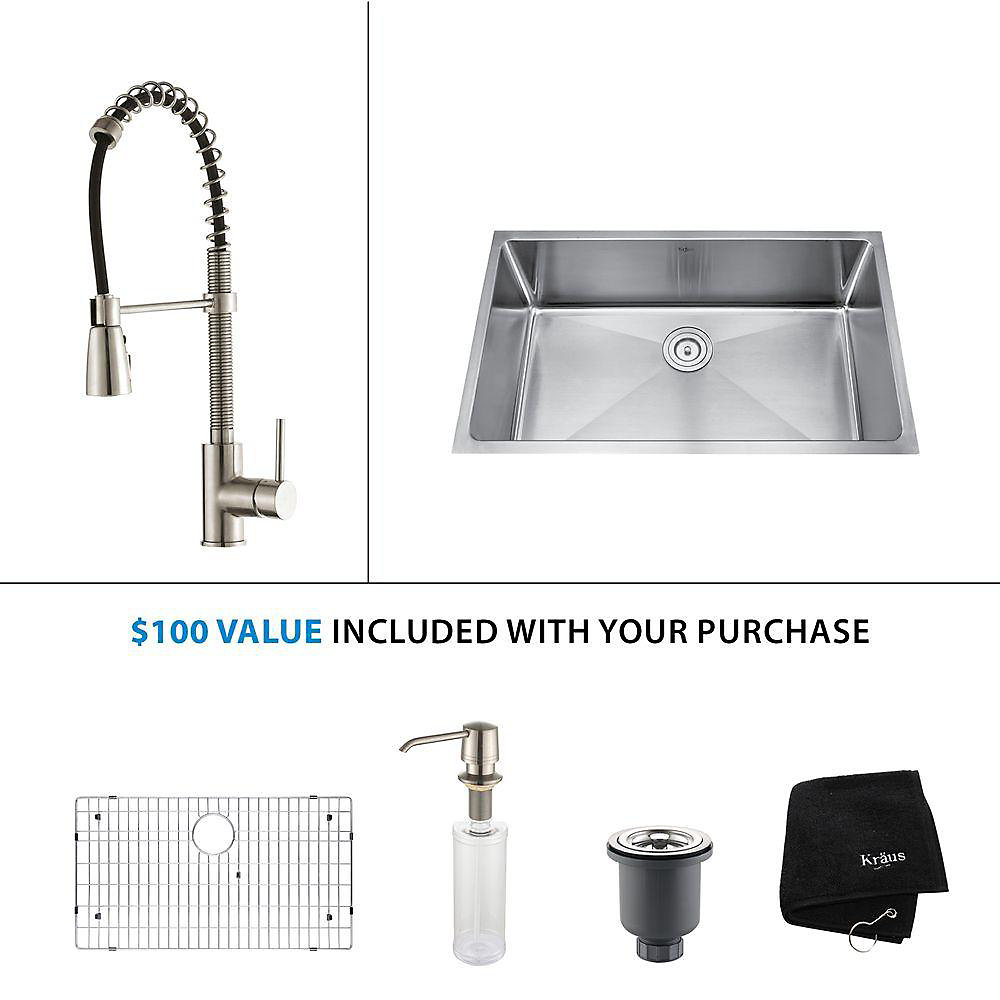 32 Inch Undermount Single Bowl Stainless Steel Kitchen Sink With Stainless Steel Finish Kitchen Faucet And Soap Dispenser