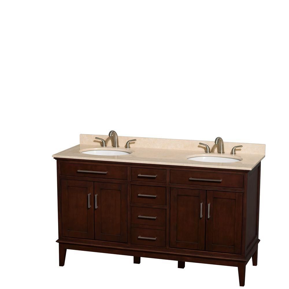 Hatton 60 In. Double Vanity In Dark Chestnut With Marble Vanity Top In Ivory And Oval Sinks