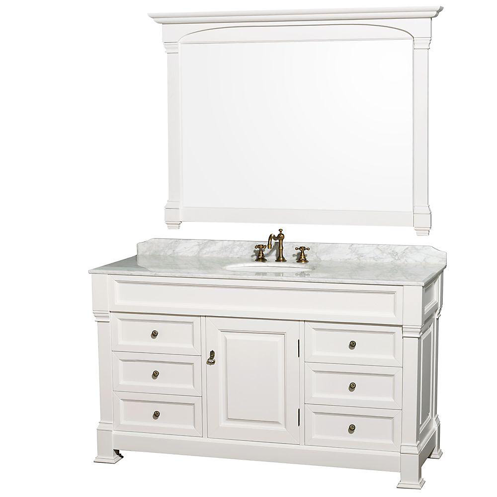 Andover 60 Inch Single Vanity In White With Marble Top Carrara Porcelain Sink Mirror