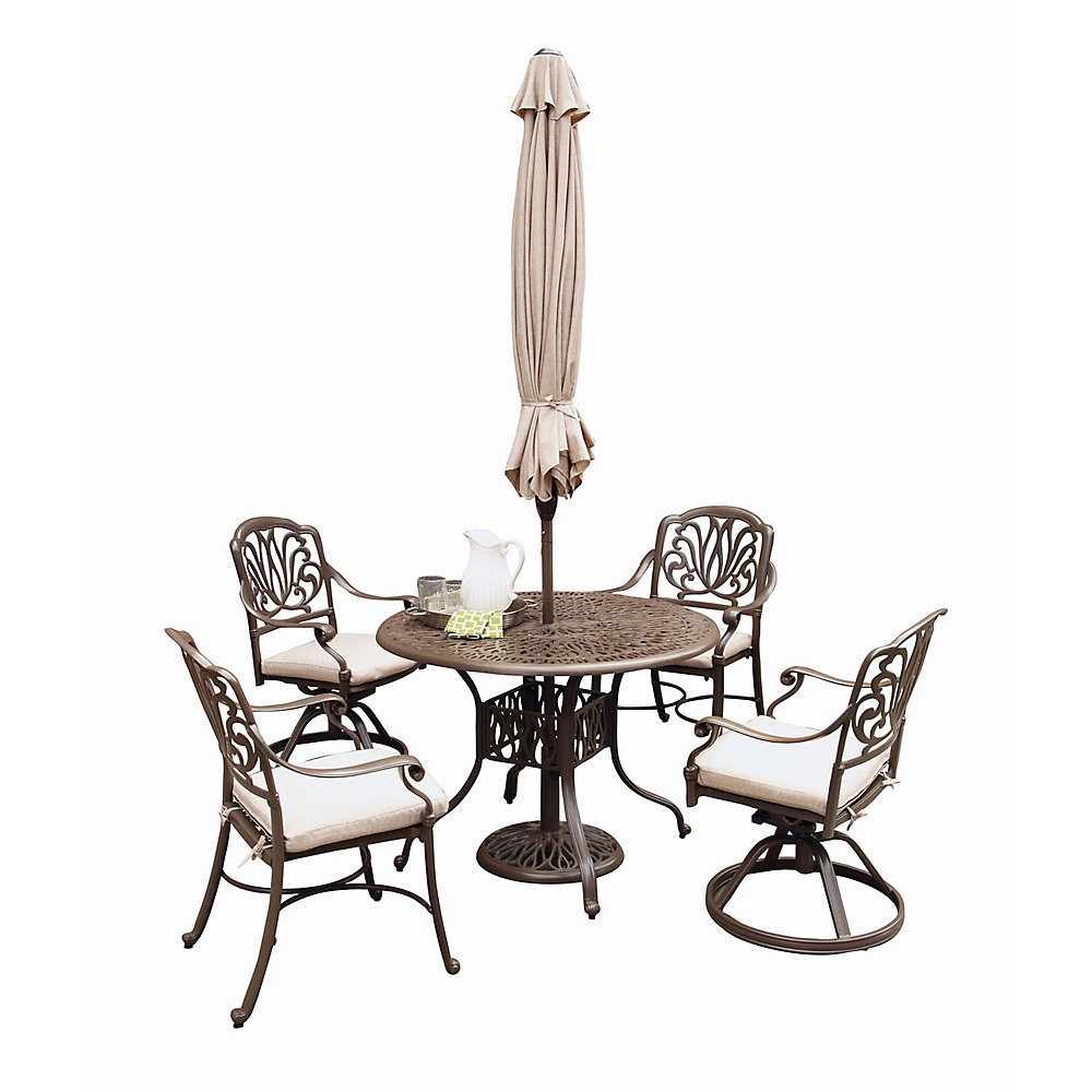 5 Piece Patio Dining Set With 48 Inch Round Table Chairs Umbrella In Black