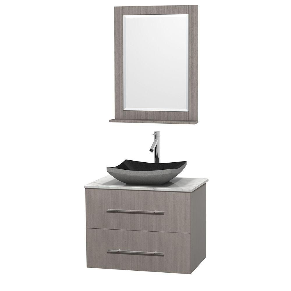 Centra 30 In. Single Vanity In Gray Oak With White Carrera Top With Black Granite Sink And 24 In. Mi Icon