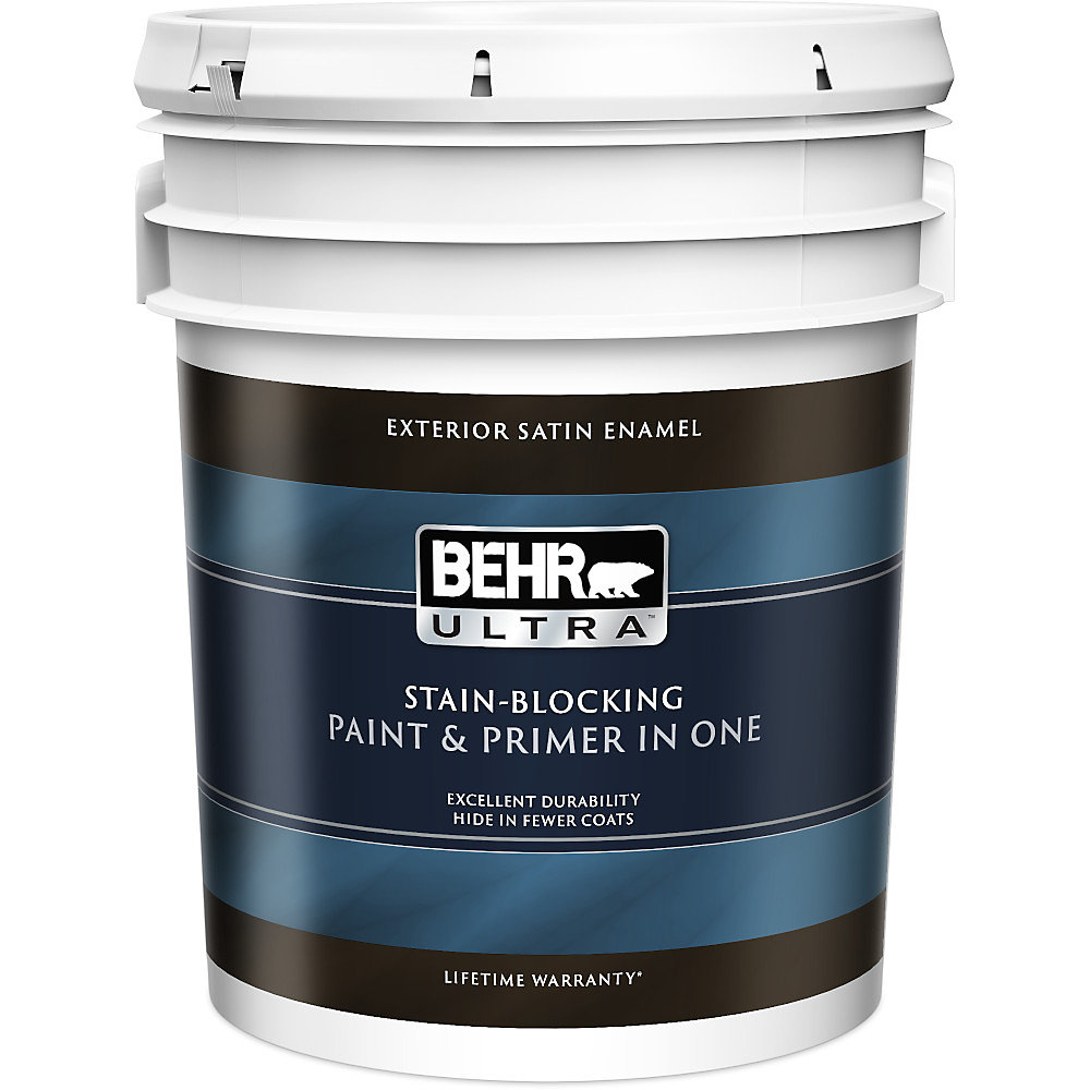 Behr Premium Plus Ultra Exterior Paint & Primer in One, Satin Enamel Deep Base, 18.9 L The Behr Premium Plus Ultra Exterior Paint & Primer in One, Satin Enamel Deep Base, 18.9 L The
