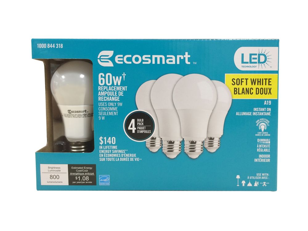 Ecosmart 60W Equivalent Soft White (2700K) A19 Dimmable LED Light Bulb