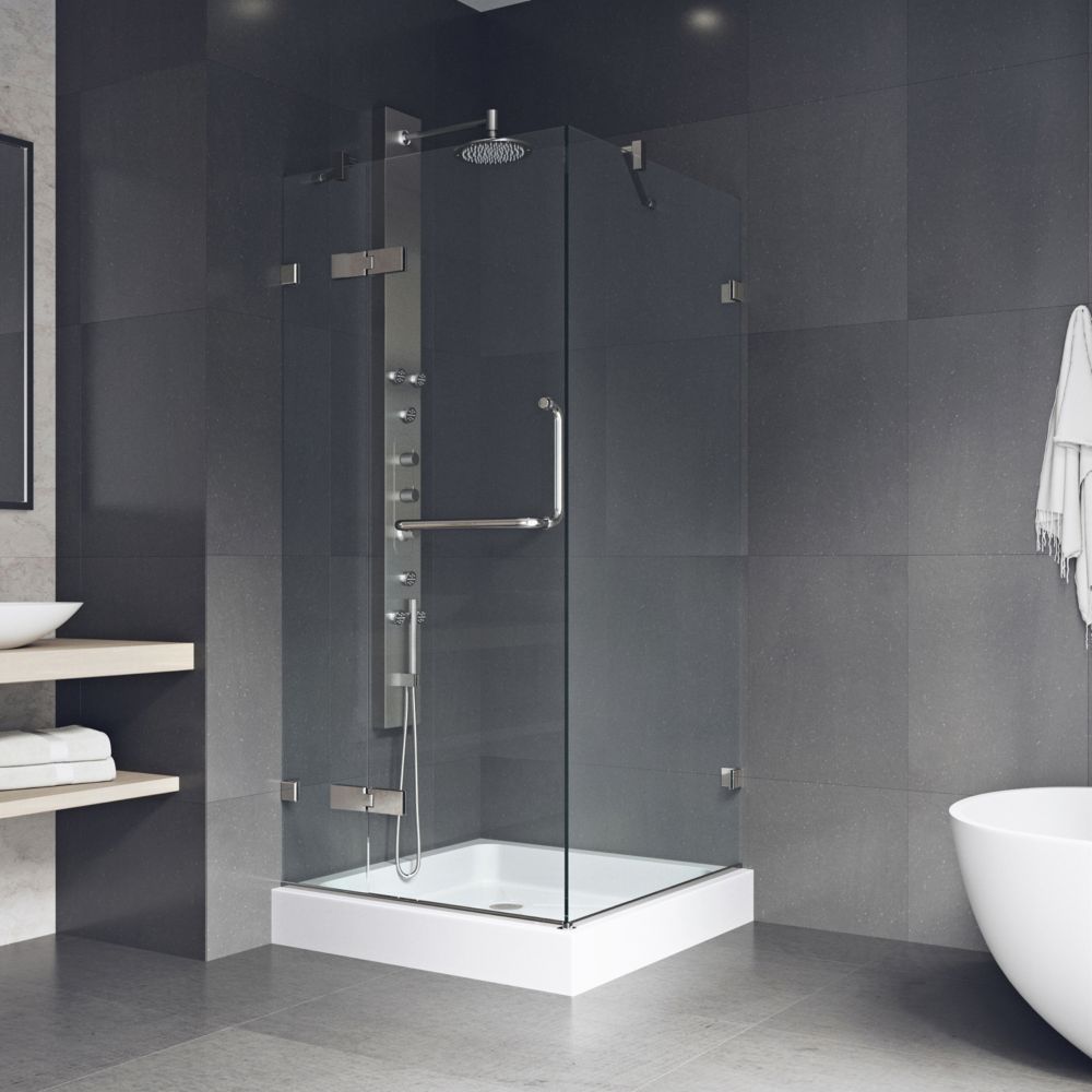 Monteray 36 125 X 79 25 Inch Frameless Hinged Shower Door In Brushed Nickel With Clear Glass Base