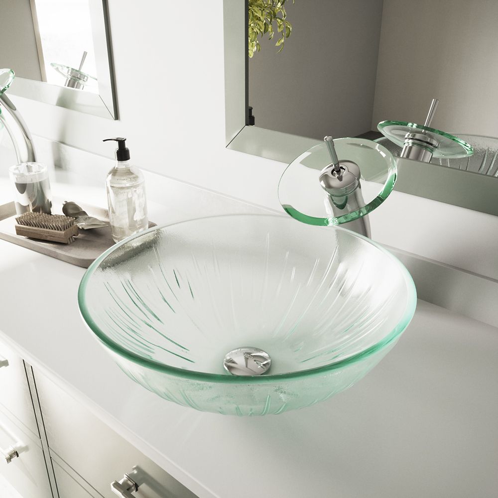VIGO Icicles Round Tempered Glass Vessel Bathroom Sink in Clear with Waterfall Faucet in C