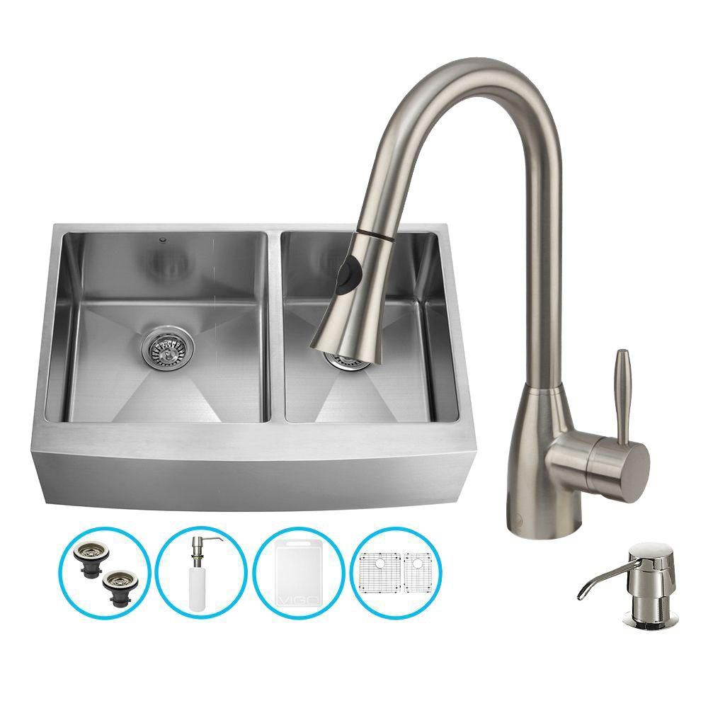 Stainless Steel All In One Farmhouse Double Bowl Kitchen Sink And Faucet Set 36 Inch