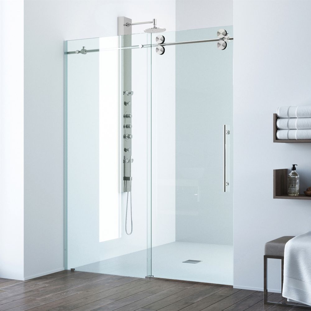 Elan 64 To 68 Inch X 74 Frameless Sliding Shower Door In Stainless Steel With Clear Glass And Handle