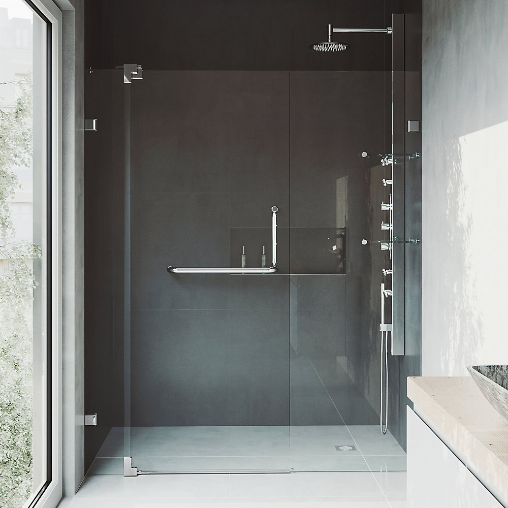 Pirouette 60 To 66 Inch X 72 Frameless Pivot Shower Door In Chrome With Clear Glass And Handle - 60 Inch Frameless Glass Shower Doors Pirouette 60 To 66 Inch X 72 Frameless Pivot Shower Door In Chrome With Clear Glass And Handle - 60 Inch Frameless Glass Shower Doors