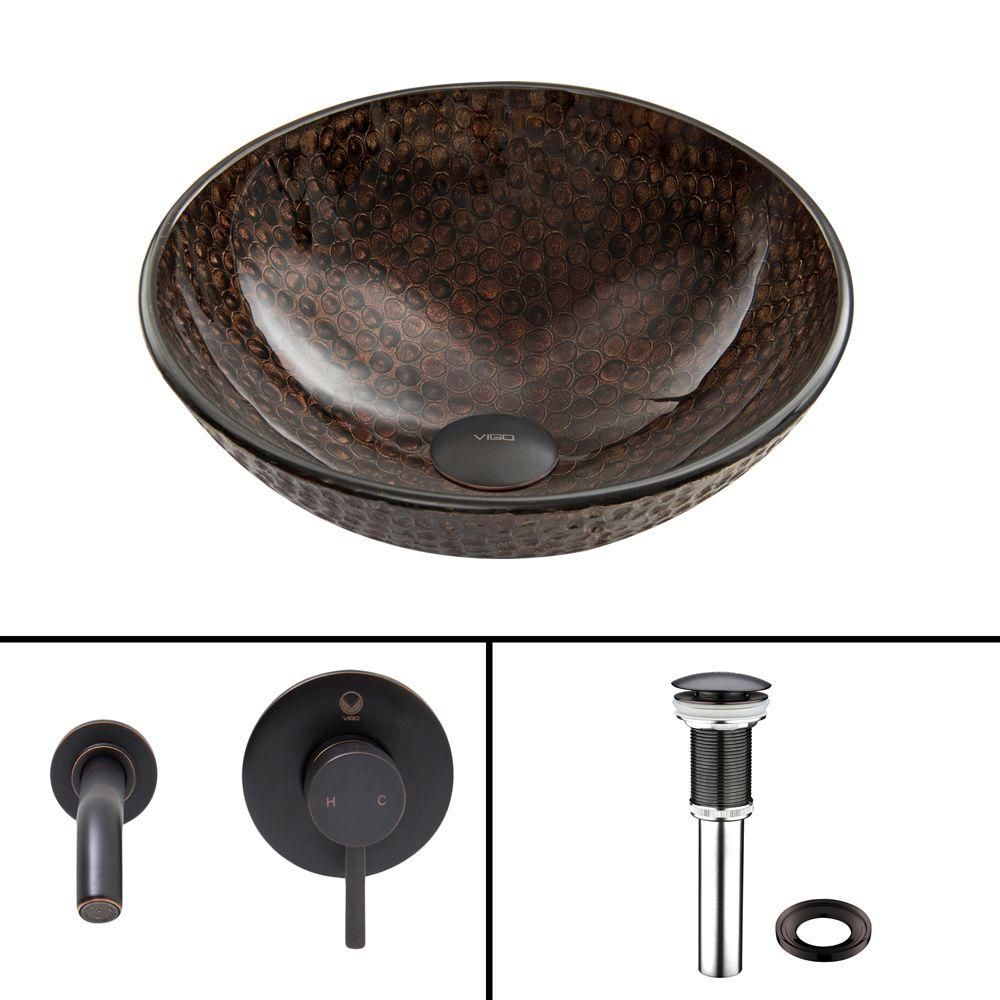 Vigo Glass Vessel Sink In Amber Sunset With Olus Wall Mount Faucet Vigo Glass Vessel Sink In Copper Shield With