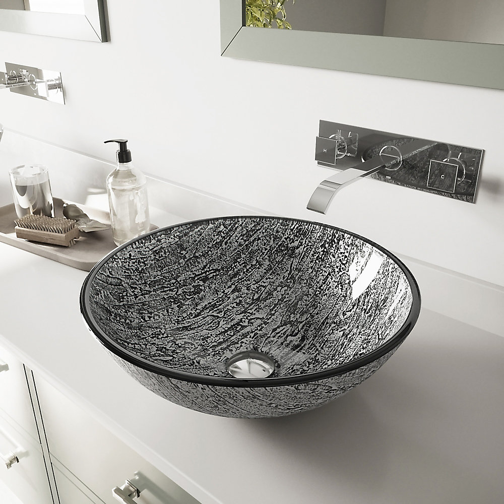 Glass Vessel Bathroom Sink in Titanium with Titus Wall
