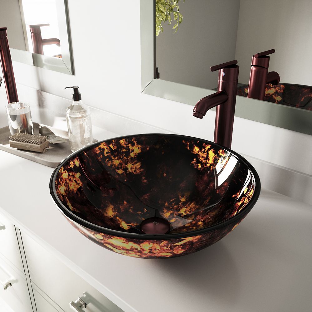 VIGO Glass Vessel Bathroom Sink in Brown and Gold Fusion with Faucet