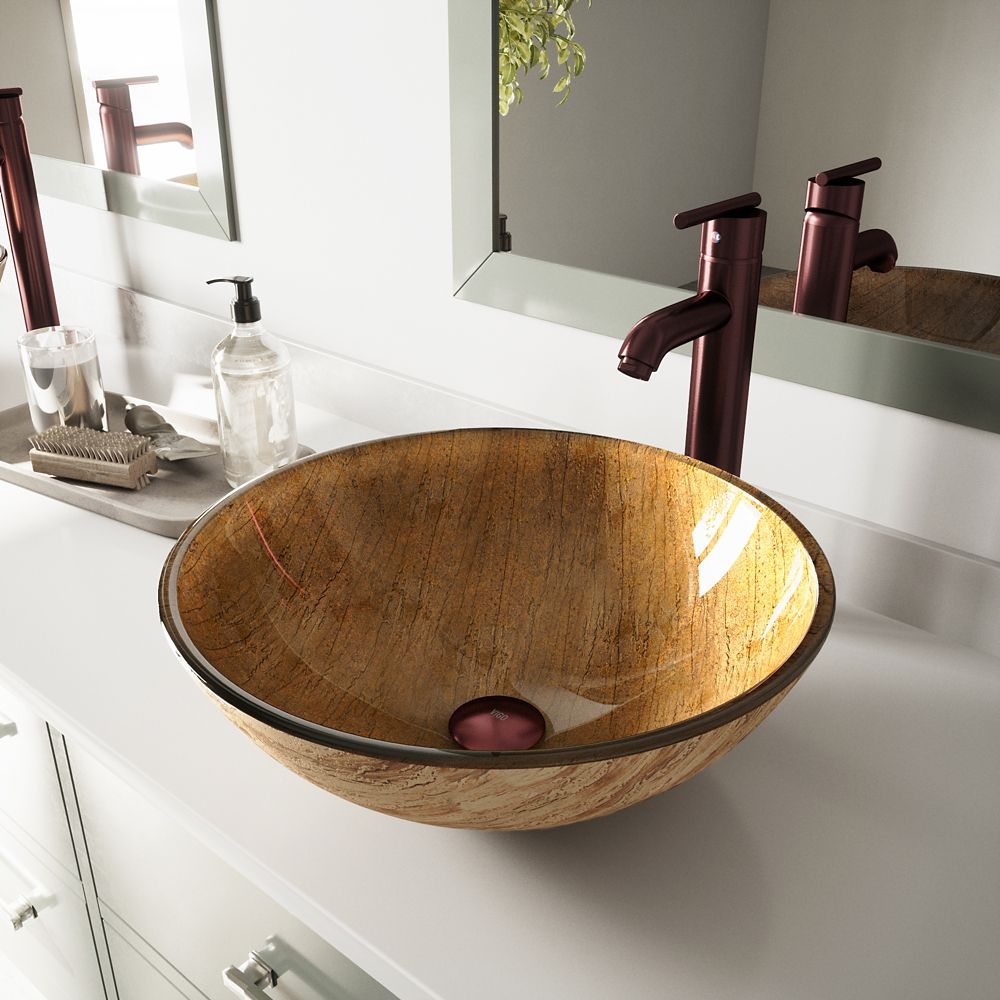 Vigo Glass Vessel Sink In Amber Sunset With Faucet In Oil Rubbed