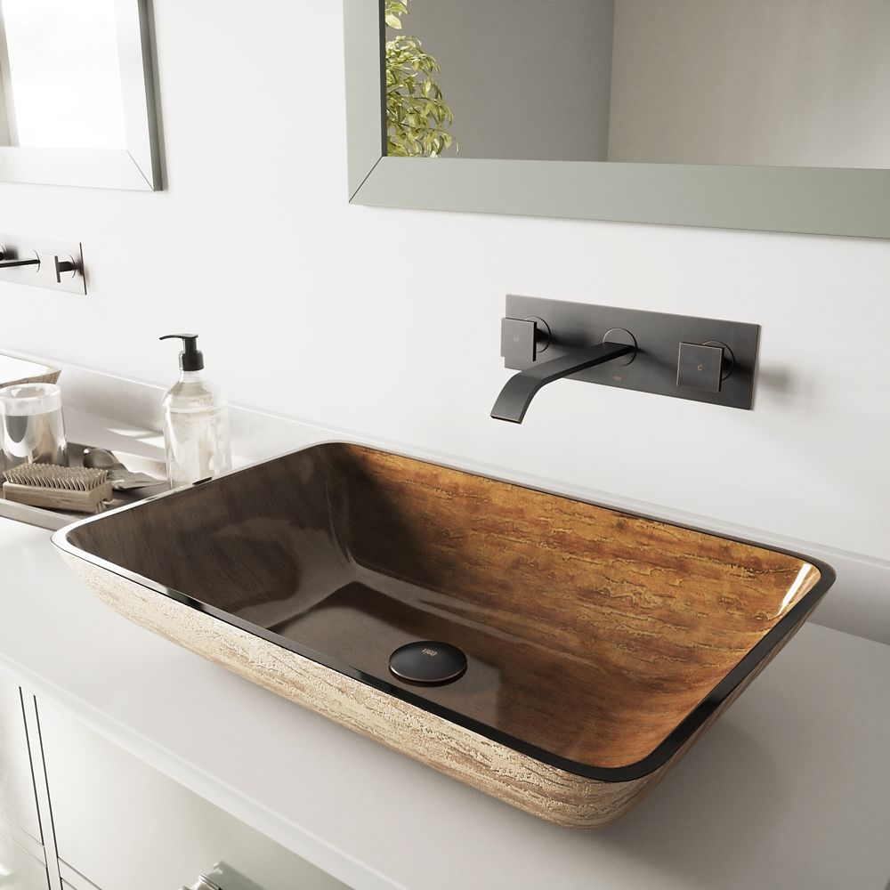 Rectangular Glass Vessel Sink In Amber Sunset With Wall Mount Faucet In Antique Rubbed Bronze