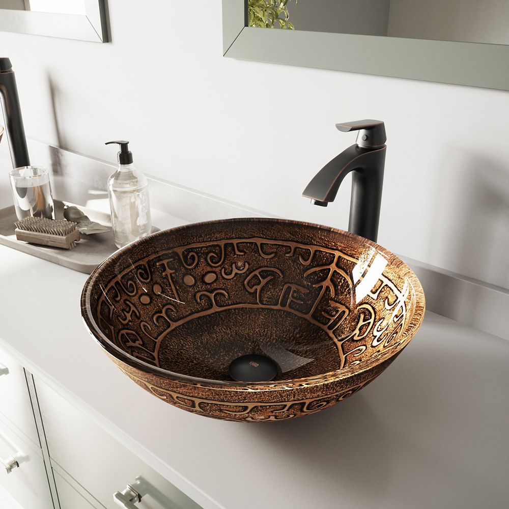 Vigo Glass Vessel Sink in Golden Greek with Linus Faucet in Antique Rubbed Bronze The Home
