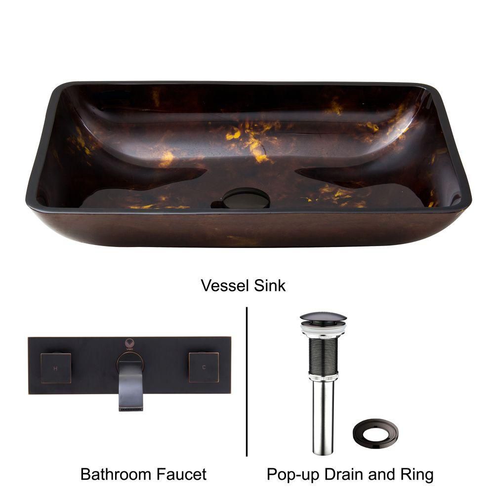 Vigo Rectangular Glass Vessel Sink in Brown and Gold Fusion with Wall