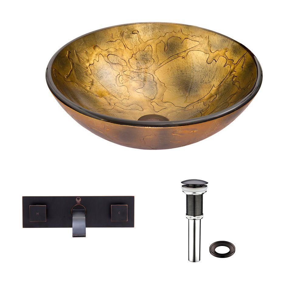 Glass Vessel Sink In Copper Shapes With Titus Wall Mount Faucet In Antique Rubbed Bronze