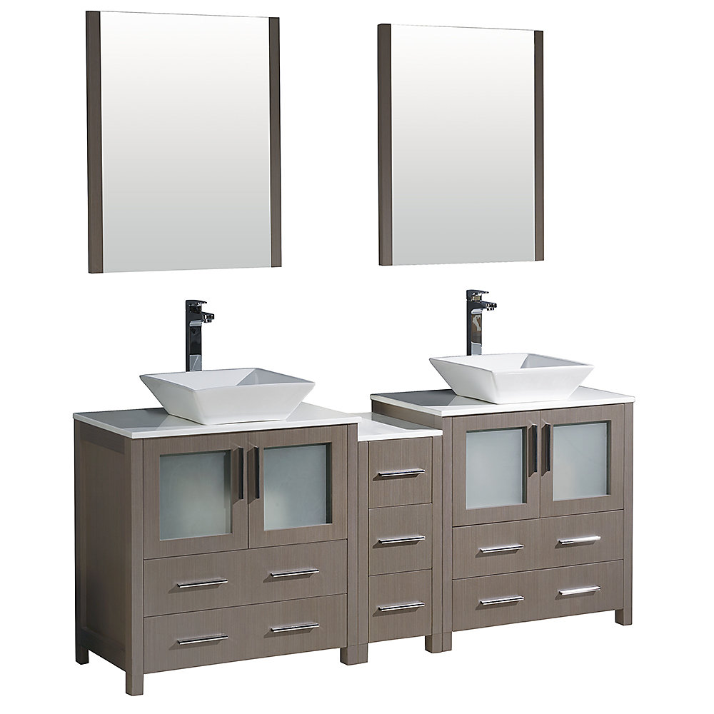 Torino 72 Inch W Double Vanity In Grey Oak With Side Cabinet And Vessel Sinks