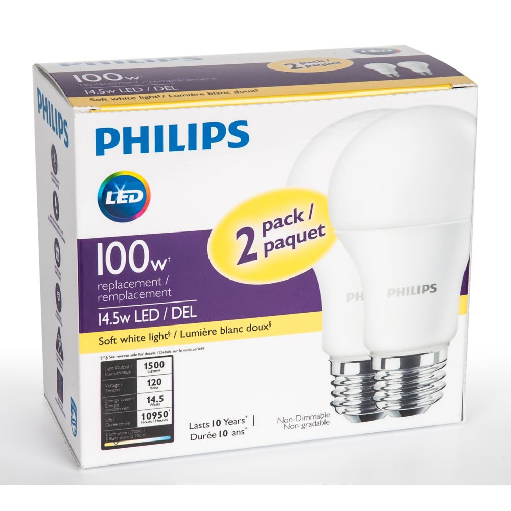 Philips 100W Equivalent Soft White (2700K) A19 LED Light Bulb (2-Pack