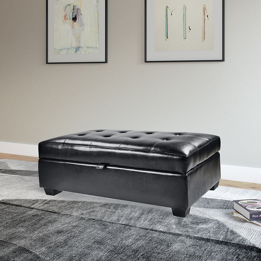 Corliving Antonio 46inch x 18inch x 28inch Faux Leather Ottoman in Black The Home Depot Canada