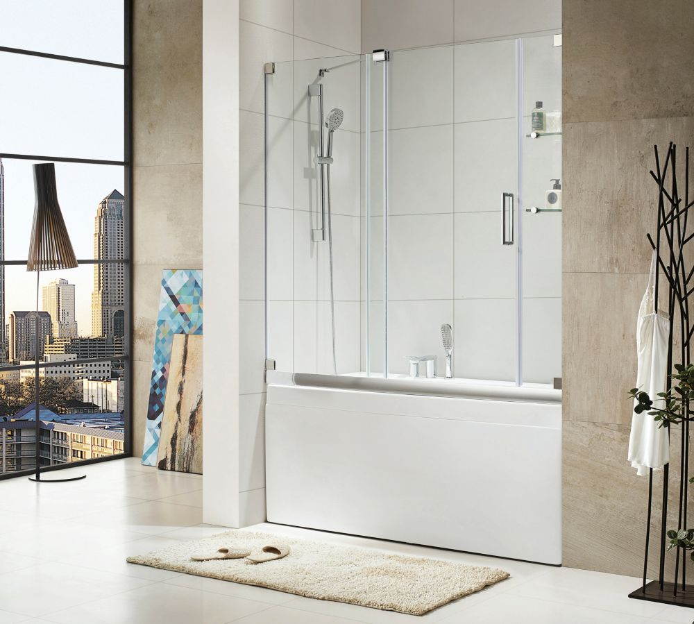 Vigo Clear and Chrome Orion Clear Curved Bathtub Door 34 inch by 58 inch 5/16 inch glass The