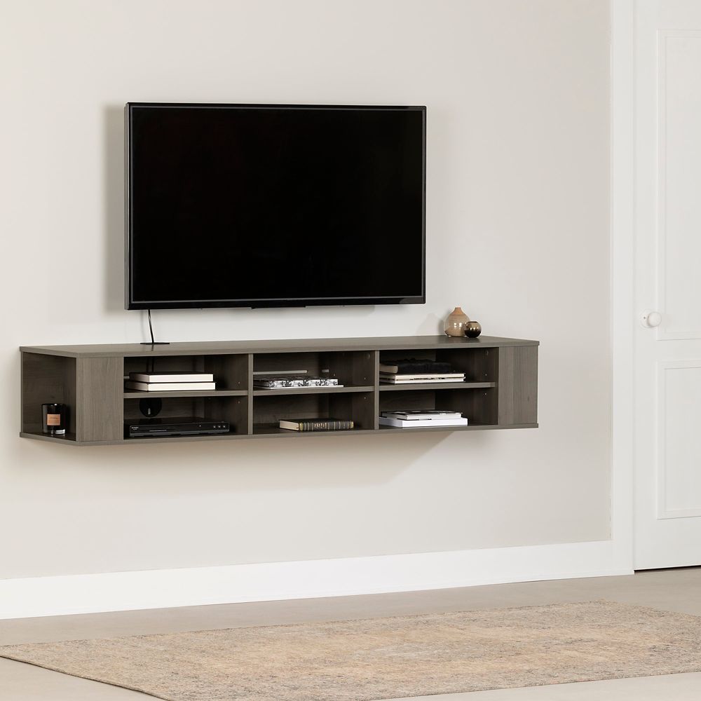 171City Life 66 Inch Wide Wall Mounted Media Console, Gray Maple