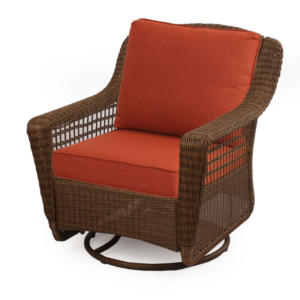 Hampton Bay Spring Haven Brown Wicker Swivel Rocker w/ Orange Cushion