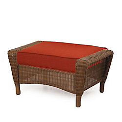 Spring Haven Brown Wicker Ottoman w/ Orange Cushion
