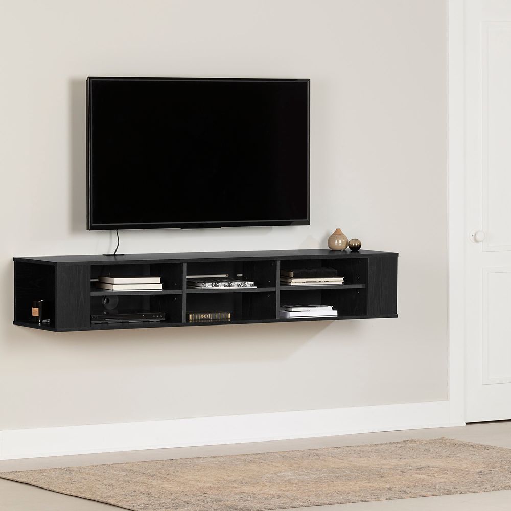 166City Life 66 Inch Wide Wall Mounted Media Console, Black Oak