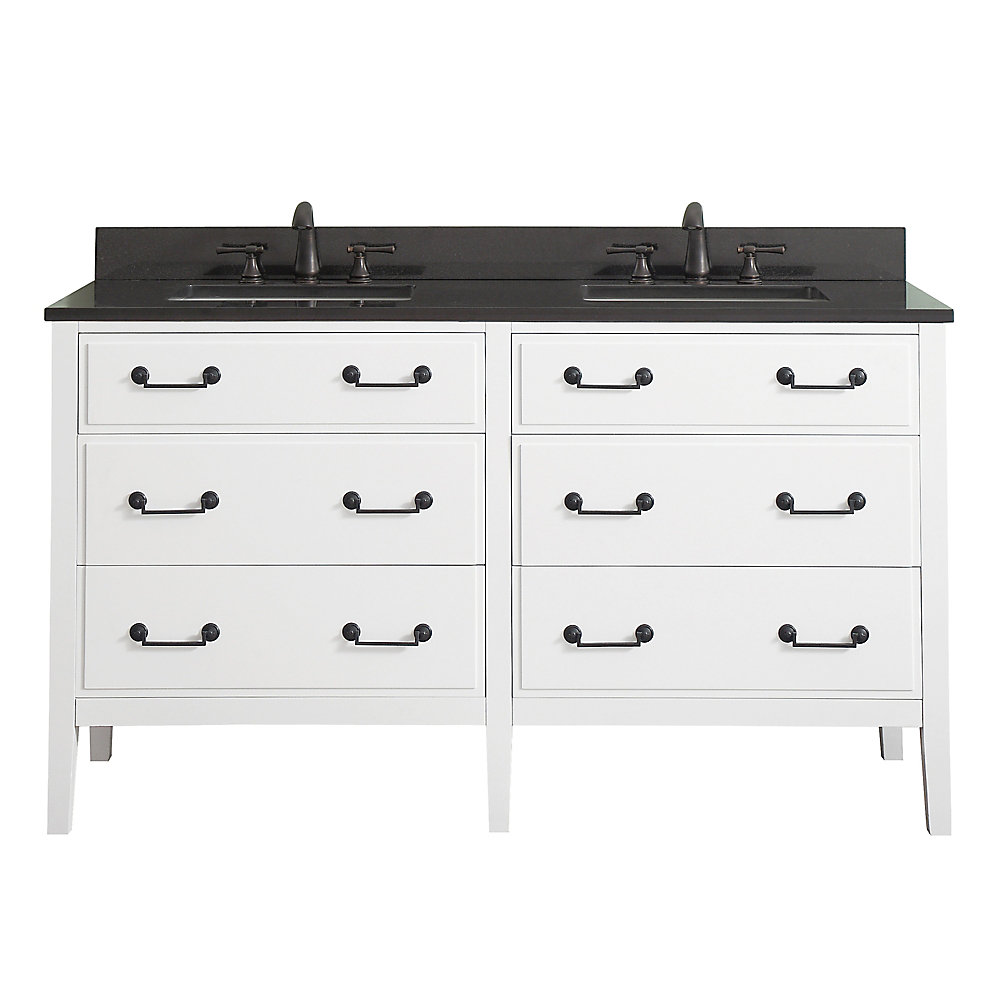Avanity Delano 61 Inch Double Sink Vanity Combo In White Finish With Avanity Delano 61 Inch Double Sink Vanity Combo In White Finish With Black Granite Top