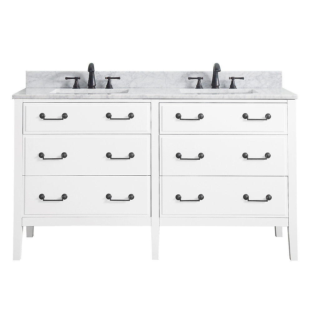 Delano 61 Inch Double Sink Vanity Combo In White Finish With Carrera White Top
