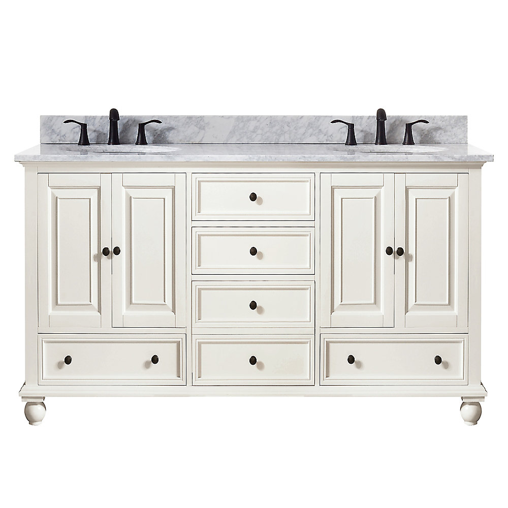 Avanity Thompson 61 Inch Double Sink Vanity Combo In French White Avanity Thompson 61 Inch Double Sink Vanity Combo In French White Finish With Carrera Top