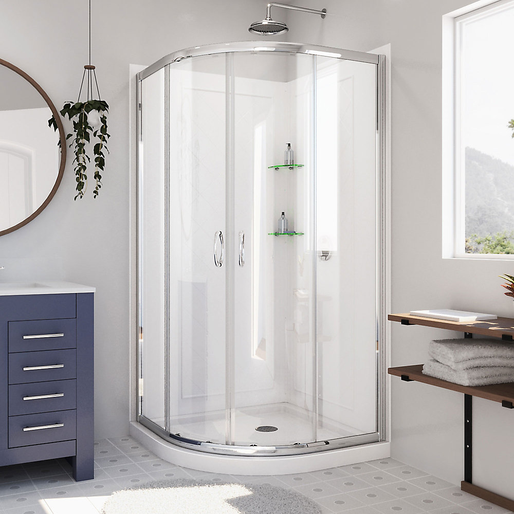 Prime 36 Inch X 76 75 Corner Framed Sliding Shower Enclosure In Chrome With Acrylic Base And Back Walls Kit