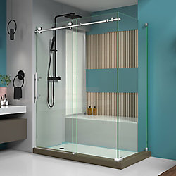 Enigma-X 60.375-inch x 76-inch Frameless Corner Sliding Shower Enclosure in Brushed Stainless Steel with Handle