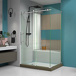 Enigma-X 48.375-inch x 76-inch Frameless Corner Sliding Shower Enclosure in Brushed Stainless Steel with Handle