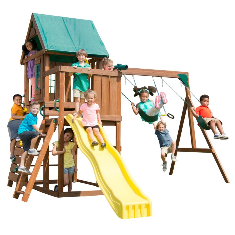 Altamont Complete Wood Playset With Swings Trapeze Rings Climbing Wall Slide And Picnic Table