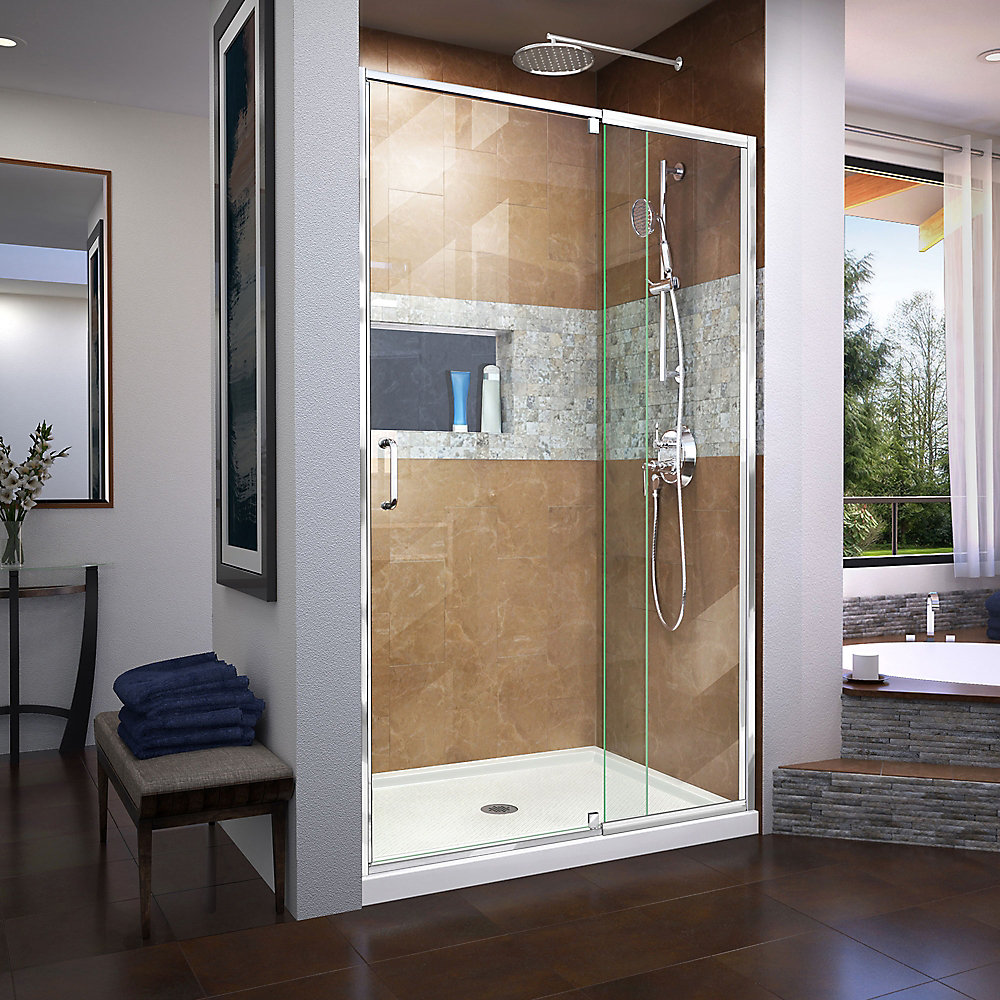 Flex 48 Inch X 72 Frameless Rectangular Pivot Hinged Clear Shower Door With Chrome Hardware