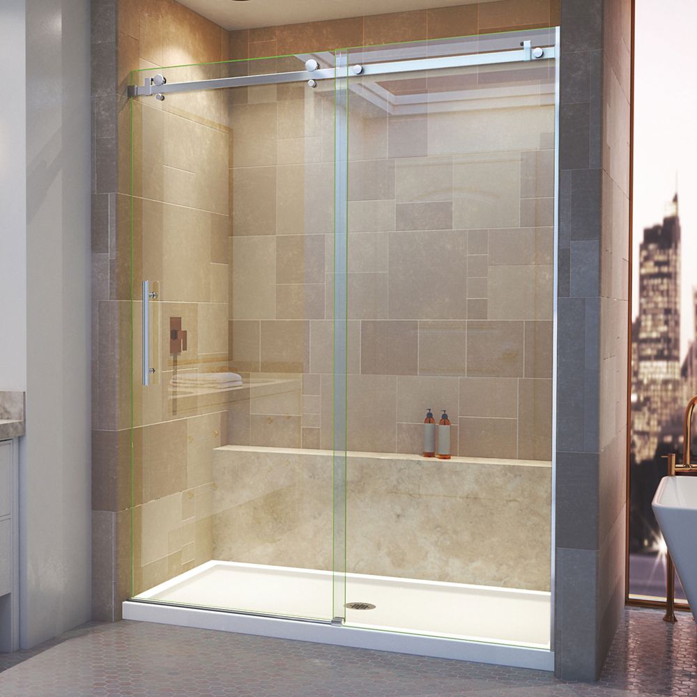 Enigma Air 60-inch x 76-inch Frameless Rectangular Sliding Shower Door in Glass with Stainless Steel