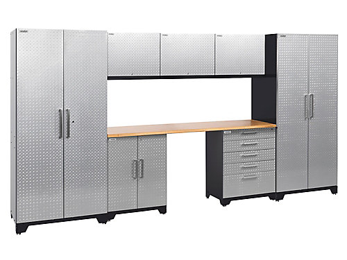 Newage Products Performance Plus Diamond Plate 2 0 Garage Cabinet Performance Plus Diamond Plate 2 0 Garage Cabinet Set In Silver 8 Piece